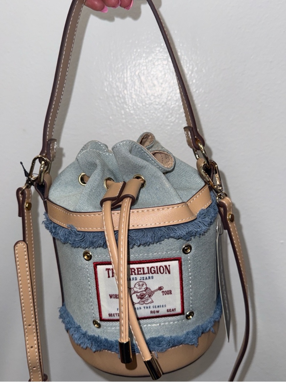 The Religion Denim Buddha Patch Frayed Bucket Bag